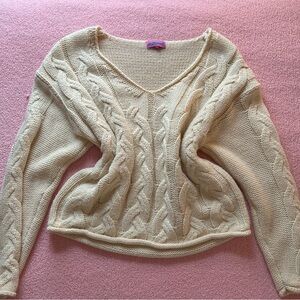 Edikted Cream Cable Knit V-Neck Inga Sweater